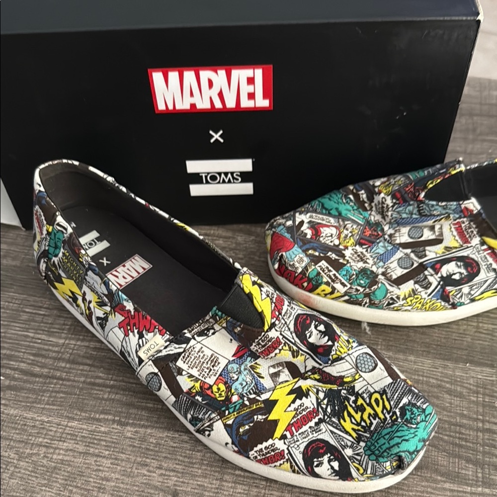 Used Marvel x TOMS Comic Print Slip-On Shoes